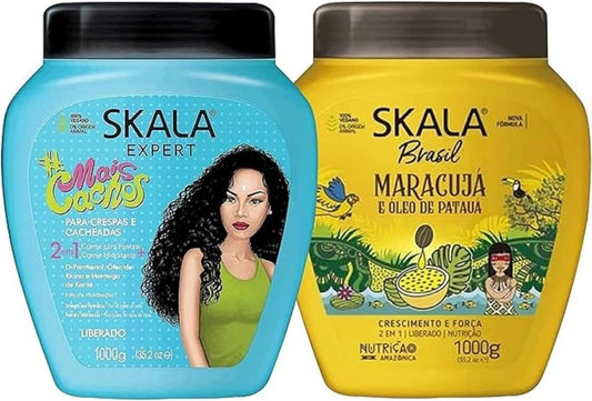 SKALA Hair Type 3ABC - Passion Fruit Yellow & Mais Cachos Blue - Combo Hydrate Curls, Eliminate anti Frizz, for Curly Hair 2-IN-1 Conditioning Treatment & Cream to Comb Extra Large Size